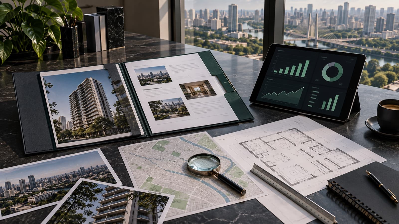 Mesa de estudos com fotografias de imóveis, mapa urbano, planta e relatório técnico.