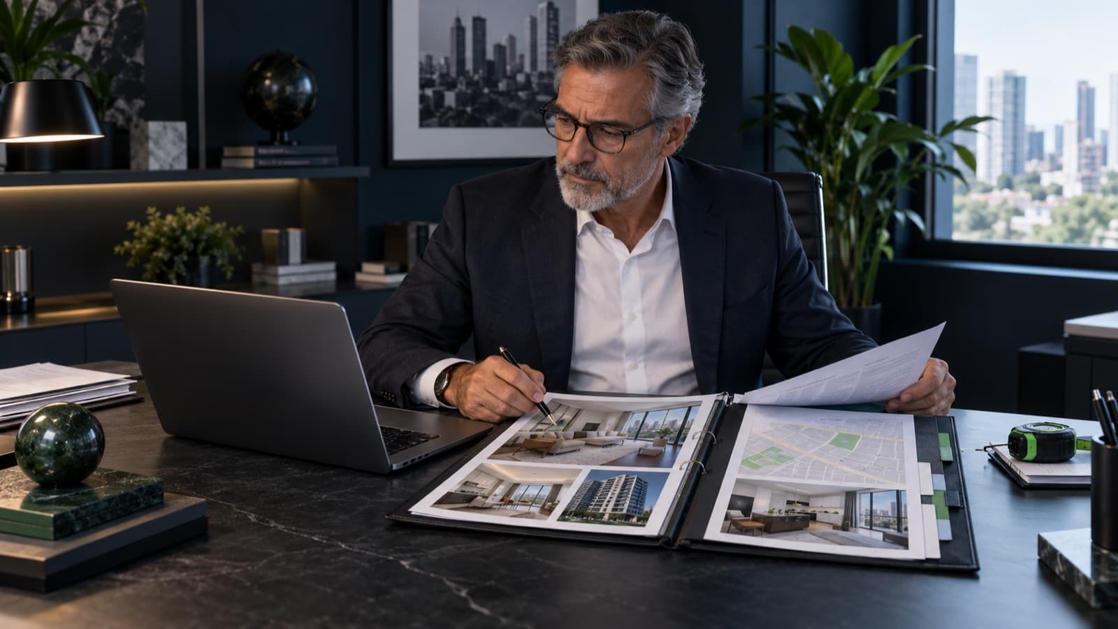 Profissional revisa fotografias, mapa e documentos de um imóvel em uma mesa organizada.